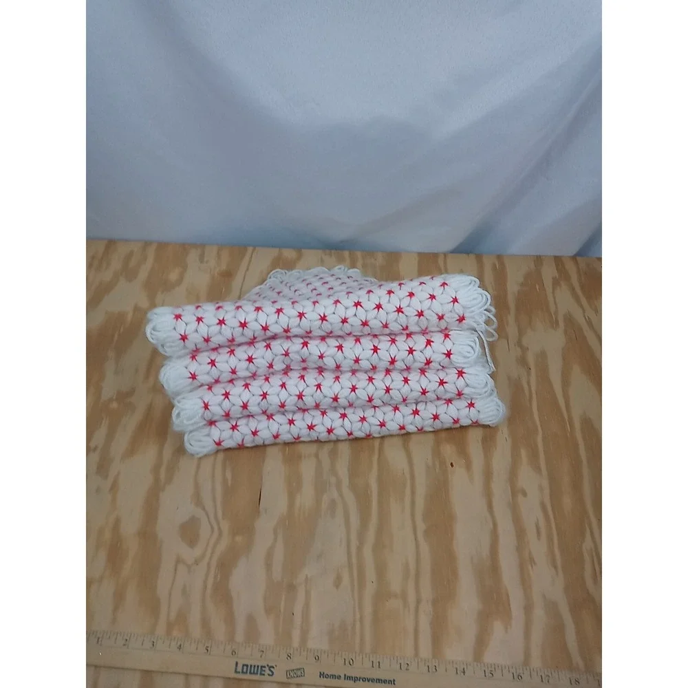 Lot Of 4 VTG Handmade Star Placemats Crochet Yarn White With Red Stars Table Mat
